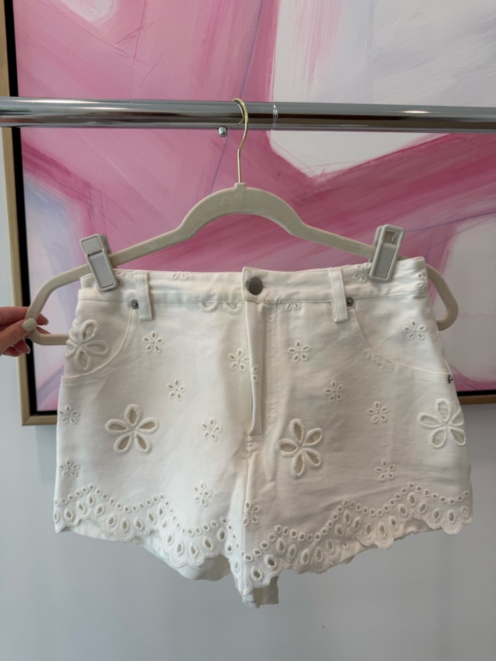 For Love & Lemons White Floral Eyelet High-Waist Shorts, size s